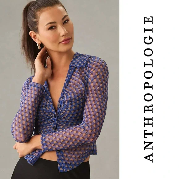 Anthropologie Maeve Sheer Ruched Buttondown Blouse - Picture 1 of 10